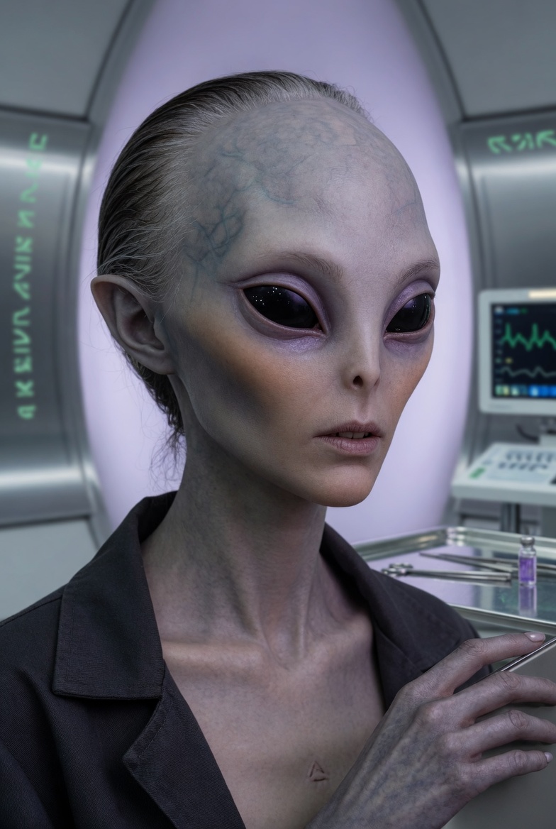 Illustrative grey-reptilian hybrid depiction